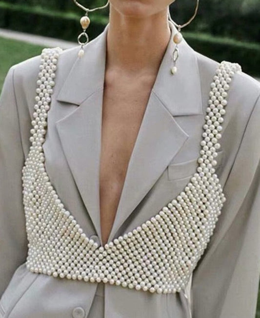 Sexy Handmade Imitation Pearls Beading Vest
