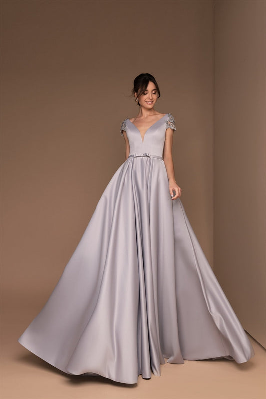 Lace V Neck Satin Evening Gown/ Bridesmaid Dress