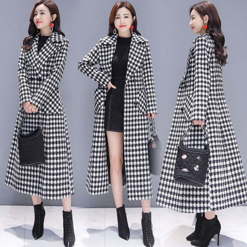 Winter Houndstooth Plaid Coat for Women