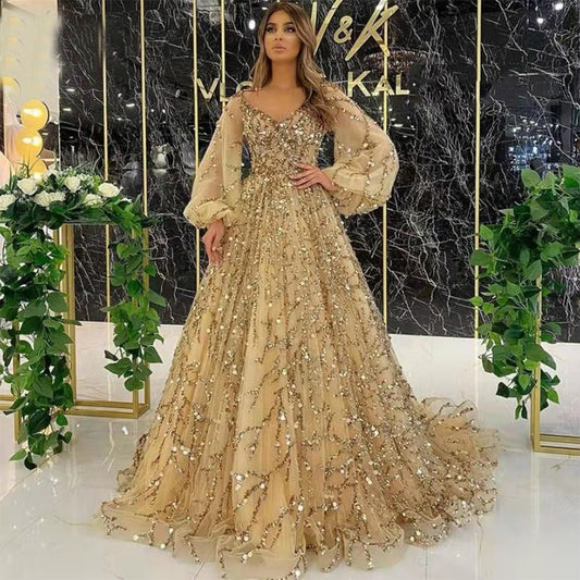 Gold Sequins Beads Long Puff Sleeves Prom Dress