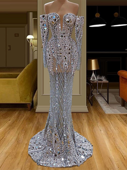 Silver Beaded Off Shoulder Prom Dress