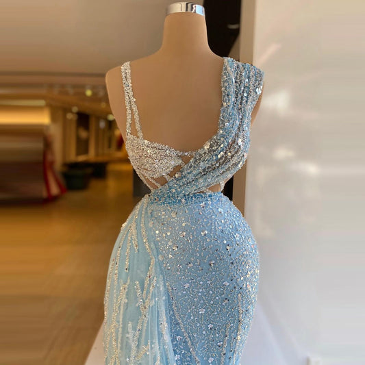 Sky Blue Crystals Beaded Long Length Prom Dress