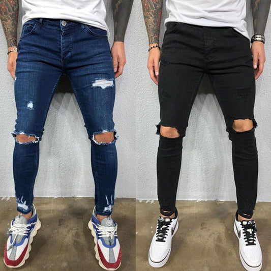 Skinny Knee Hole Ripped Denim Pants- Jeans