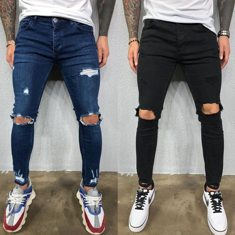 Skinny Knee Hole Ripped Denim Pants- Jeans