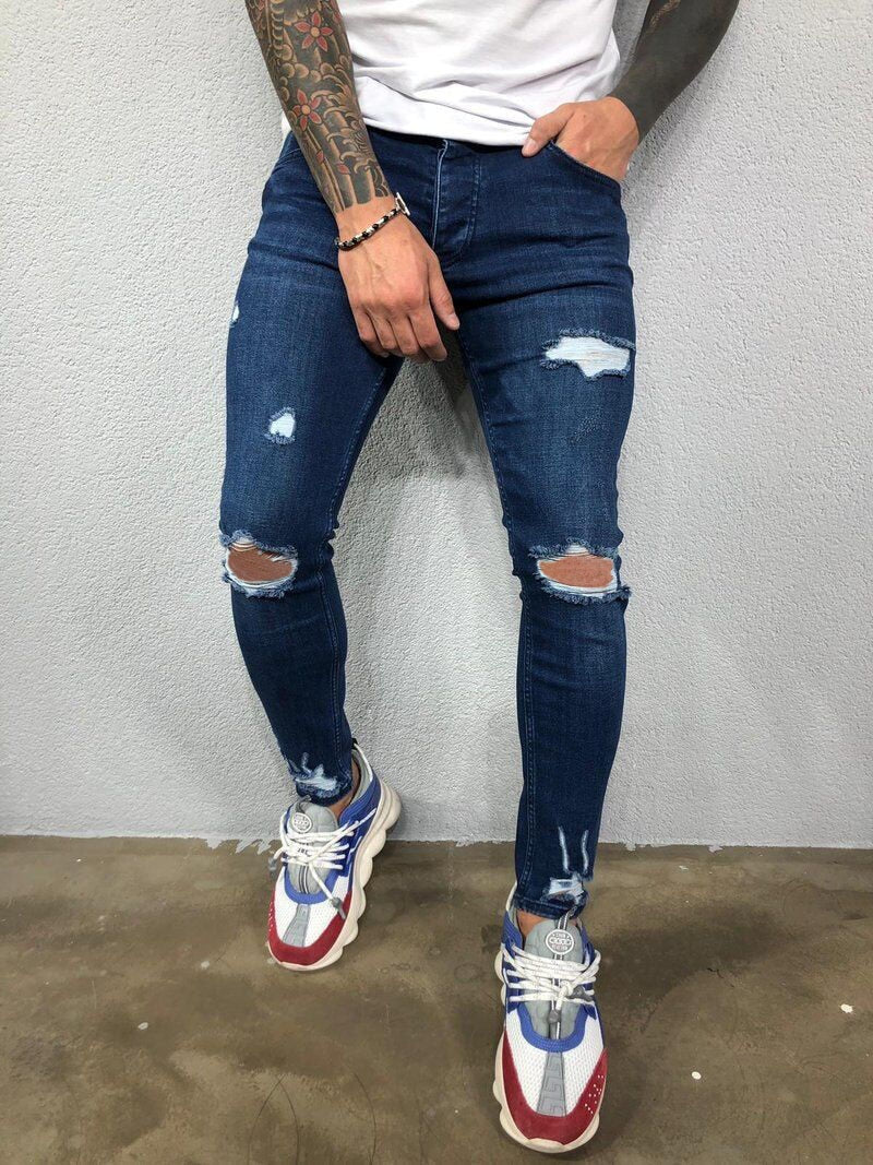 Skinny Knee Hole Ripped Denim Pants- Jeans