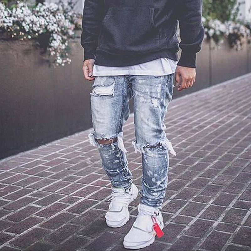 Slim Hip-hop Knee Holes Wash Paint Dot Design - Jeans