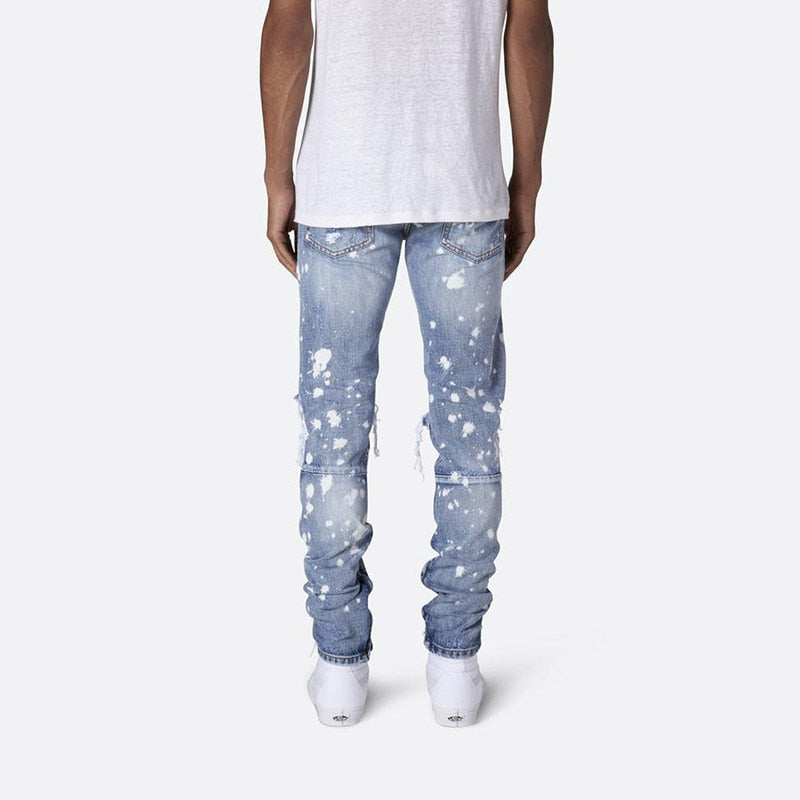 Slim Hip-hop Knee Holes Wash Paint Dot Design - Jeans