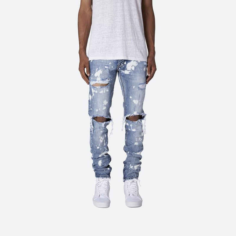 Slim Hip-hop Knee Holes Wash Paint Dot Design - Jeans