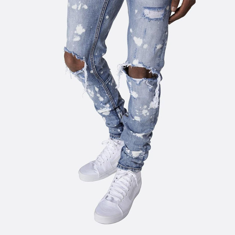 Slim Hip-hop Knee Holes Wash Paint Dot Design - Jeans