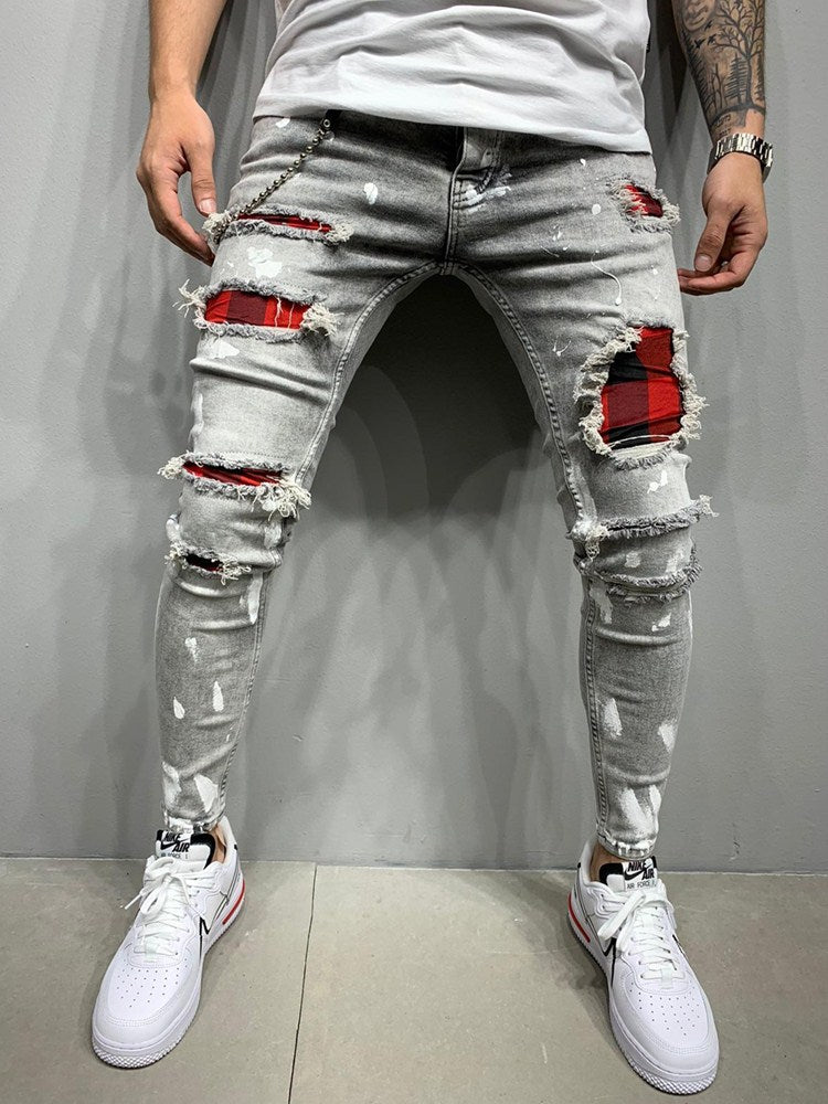 Fashion Grid Beggar Patches Slim Skinny Ripped Denim pants - Jeans