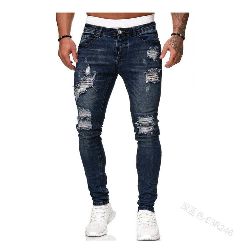 Ripped Skinny Jeans Blue Slim Fit High Quality Denim - Jeans