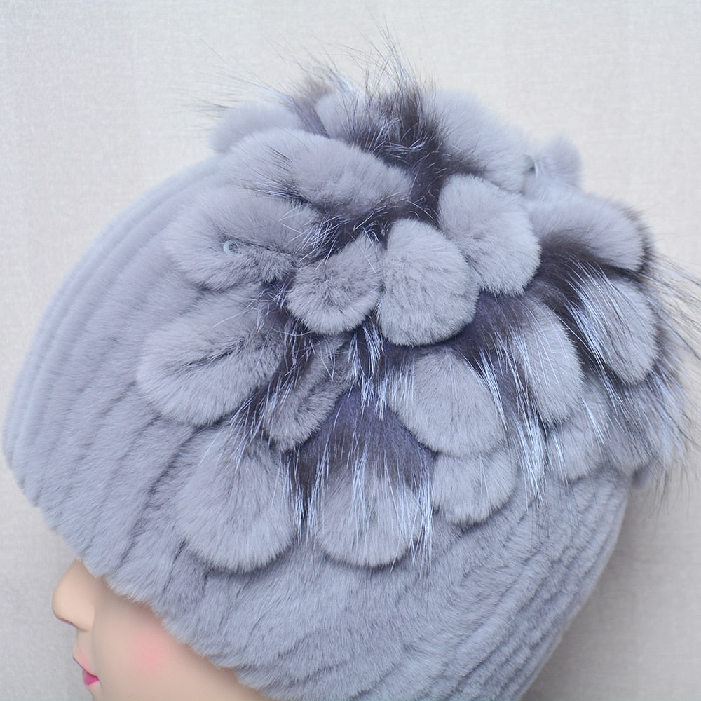 Fur Flowers Hat Winter Warm Handmade Beanies