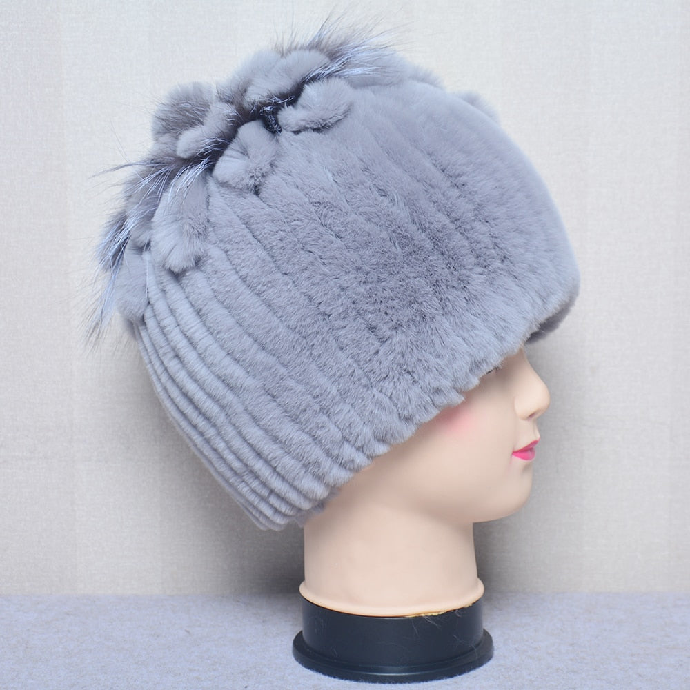 Fur Flowers Hat Winter Warm Handmade Beanies