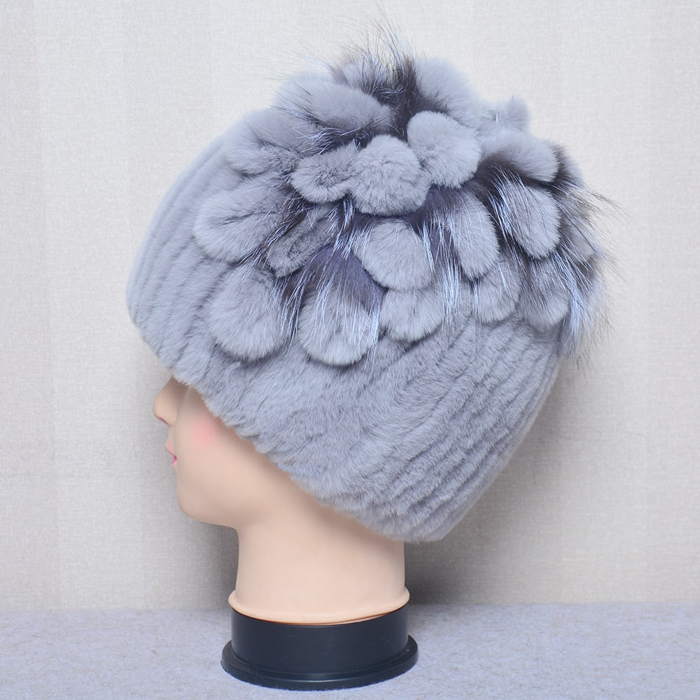 Fur Flowers Hat Winter Warm Handmade Beanies