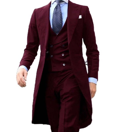 Long Coat Men Suit 3 Piece Set ( Jacket + Vest + Pants)