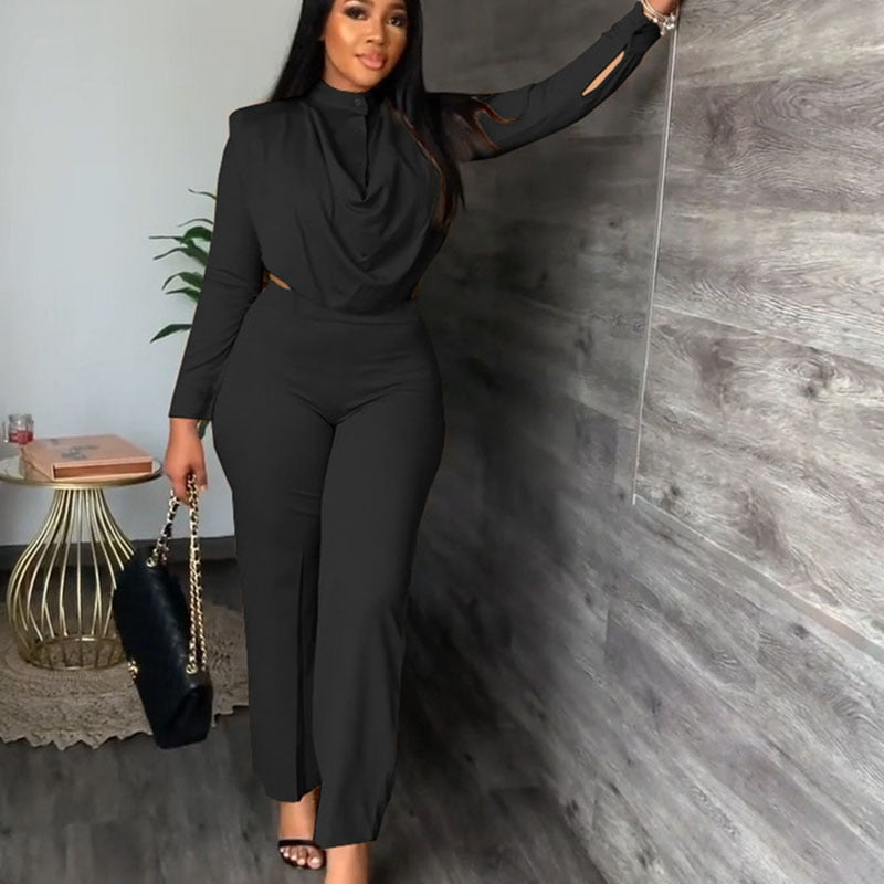 Office Lady Ruched Crop Top And Pants Suit 2 Piece Set
