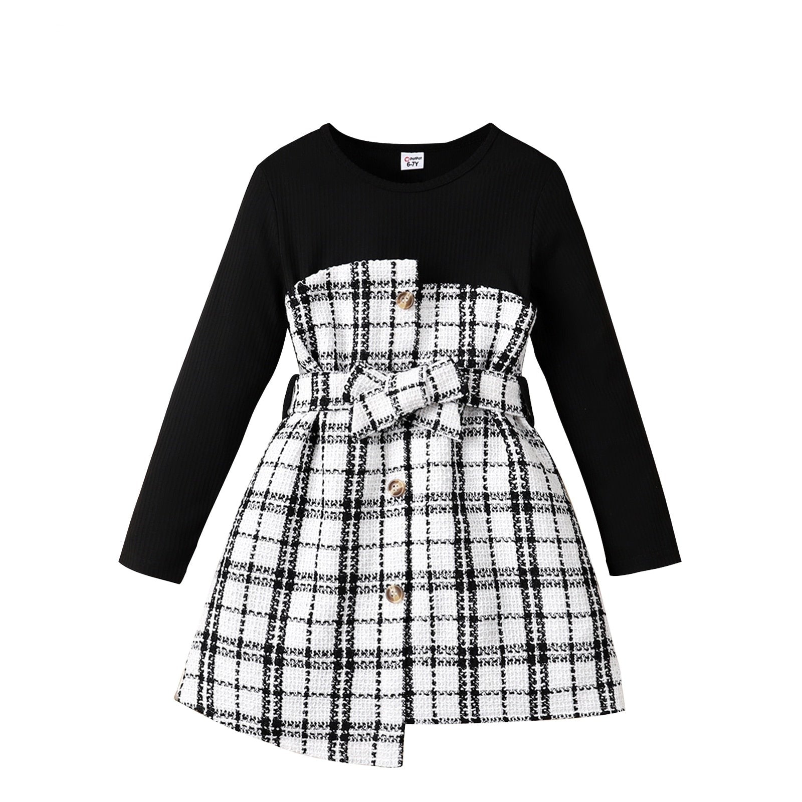 Plaid Tweed Splice Button Casual Dress for girls