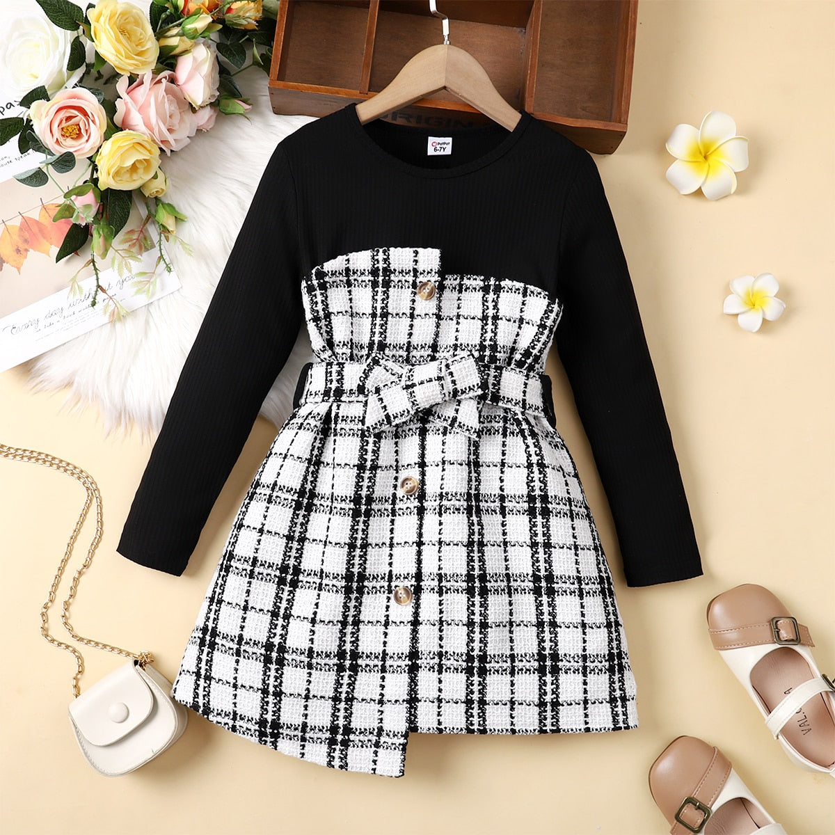 Plaid Tweed Splice Button Casual Dress for girls