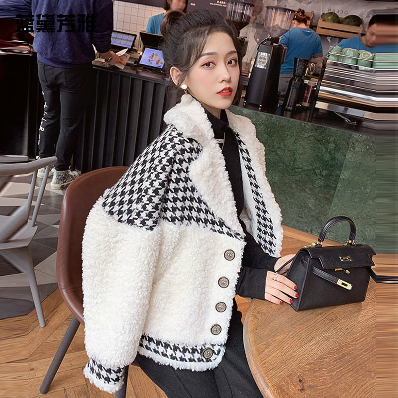 Houndstooth Short Lamb Coat Jacket for Women