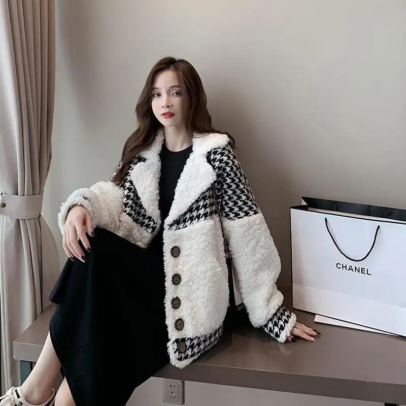 Houndstooth Short Lamb Coat Jacket for Women