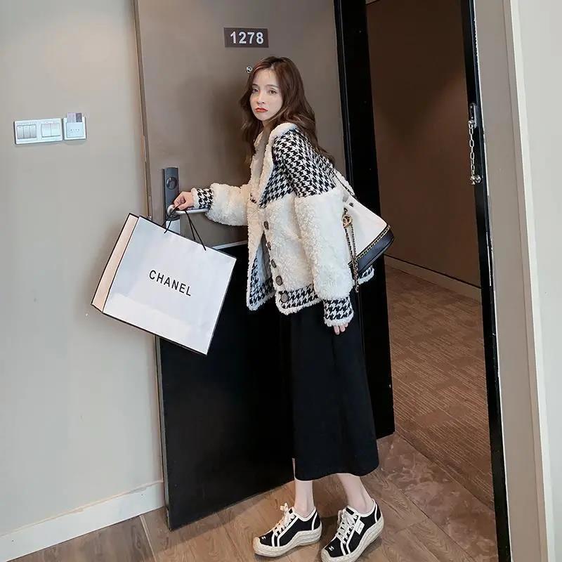 Houndstooth Short Lamb Coat Jacket for Women