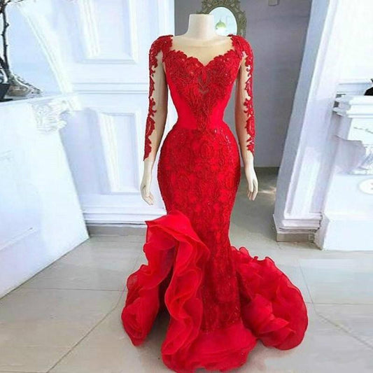 Red Mermaid Scoop Neckline Long Prom Dress
