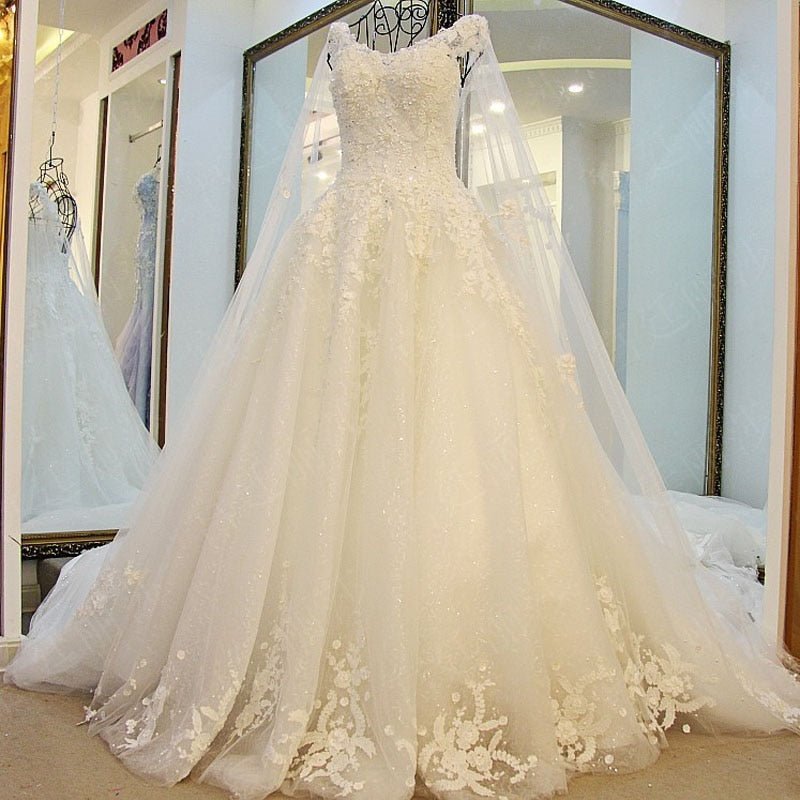 Lace Appliqued Pearls Wedding Dress