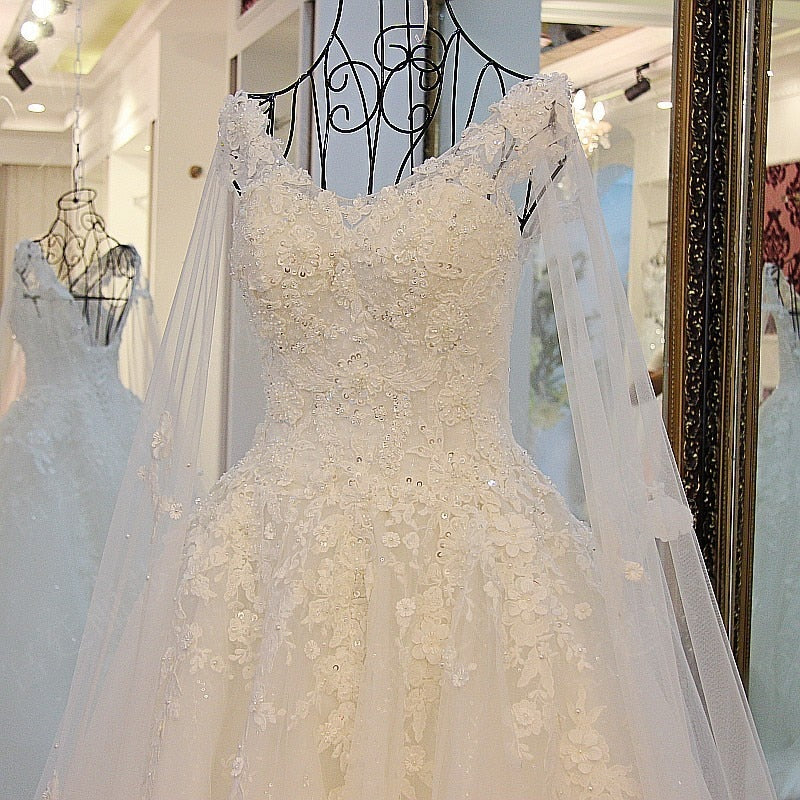 Lace Appliqued Pearls Wedding Dress
