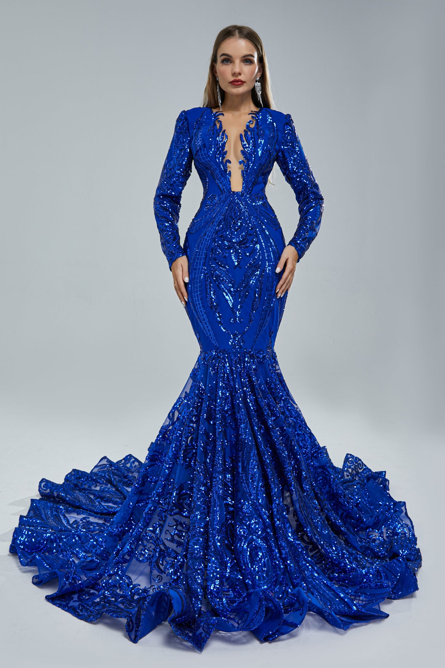 Royal Blue Sequin Long Sleeve Mermaid Evening Dress