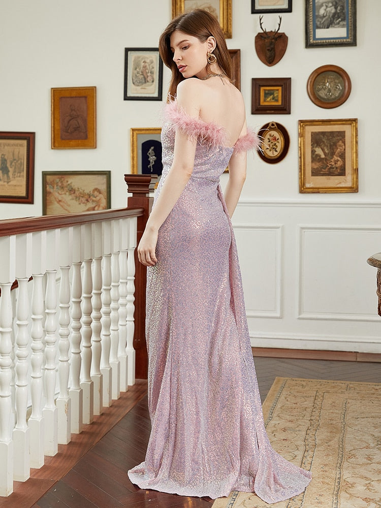 Off Shoulder Full Length Cocktail Slit Prom Dress