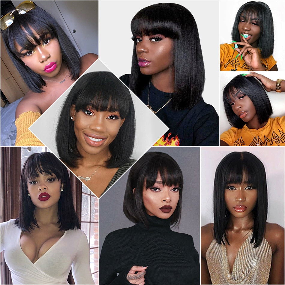 Short Bob Wig With Bangs Straight Brazilian Hair Wig