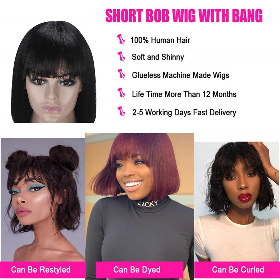 Short Bob Wig With Bangs Straight Brazilian Hair Wig