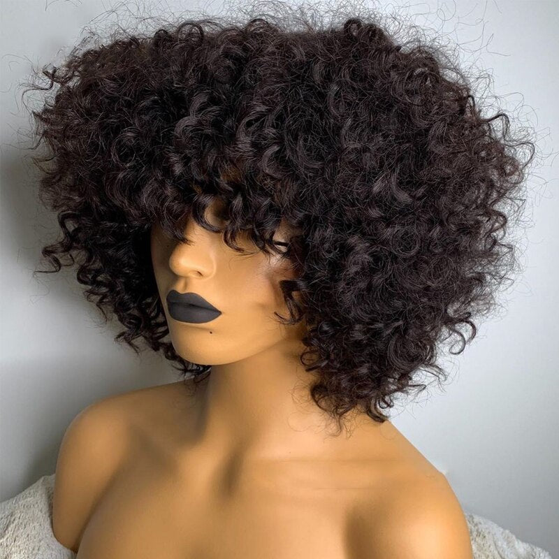 Short Curly Pixie Cut Bob Human Hair Wig With Bangs