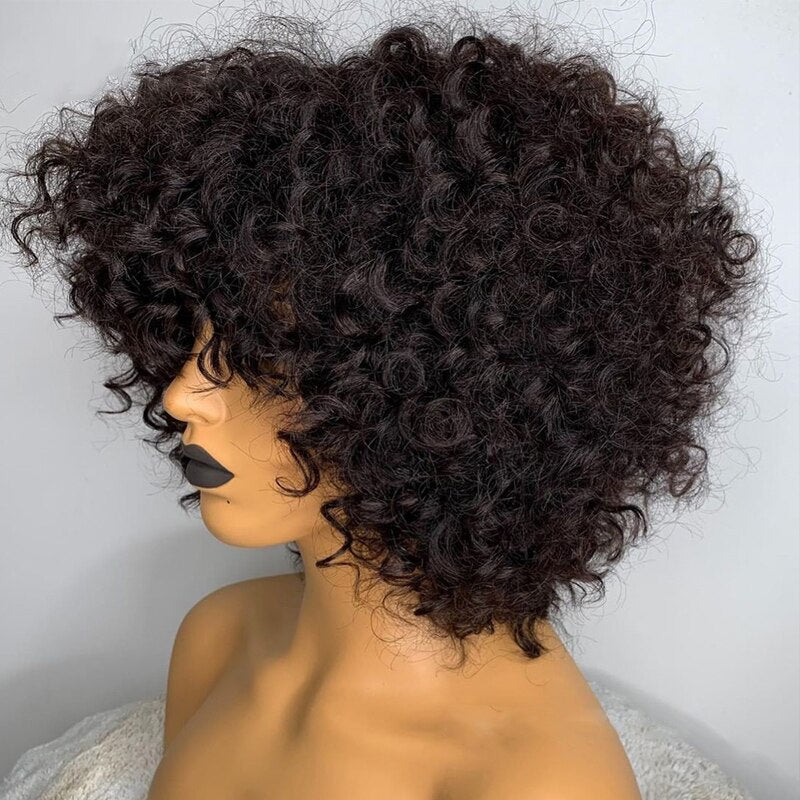 Short Curly Pixie Cut Bob Human Hair Wig With Bangs