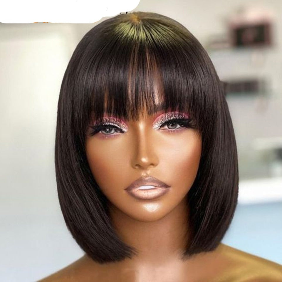 Short Straight Brazilian Human Hair Wig With Bangs