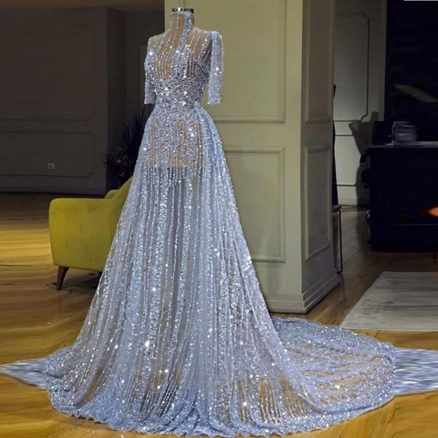 Sky Blue Bling Bling See Through High Neck Prom Dress