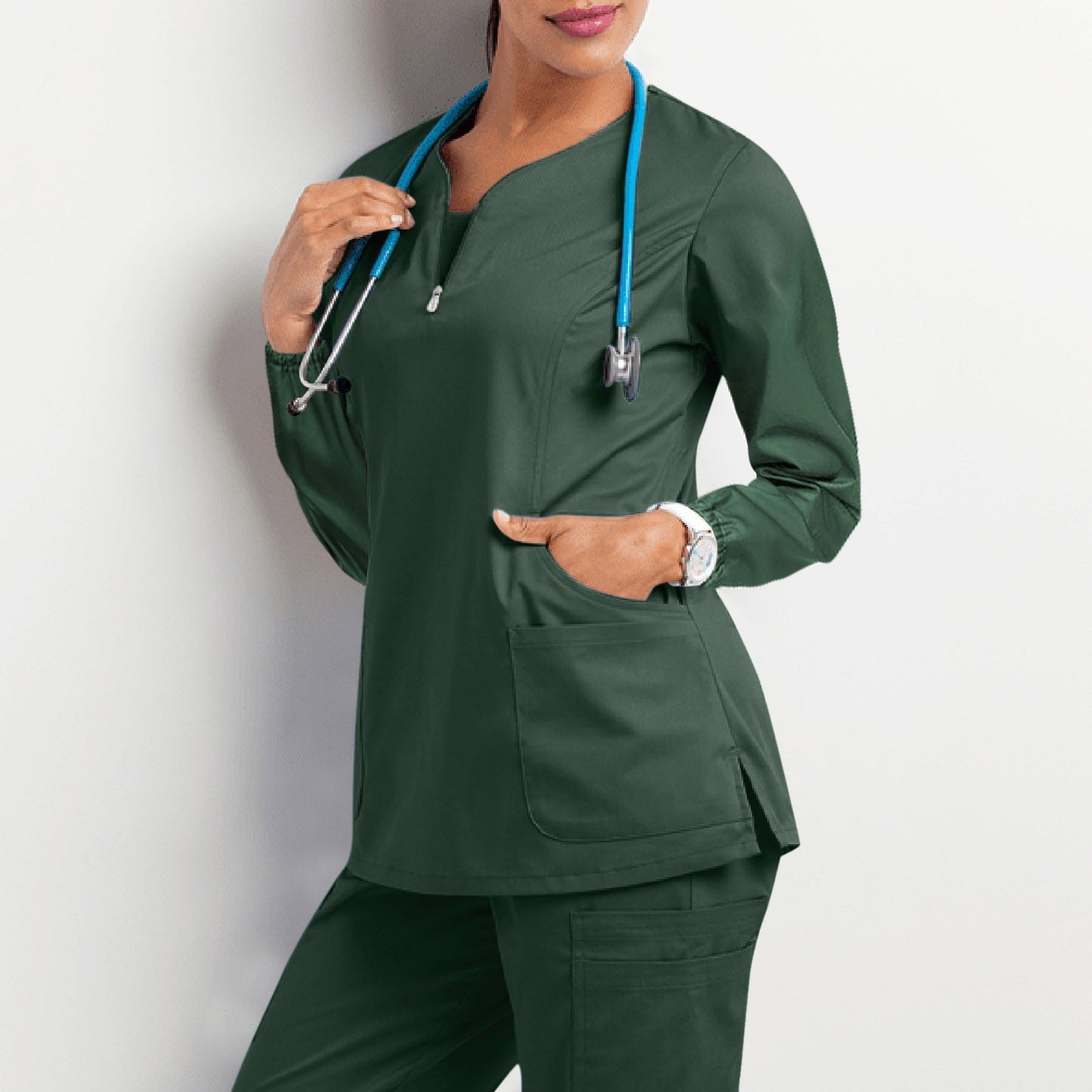 Zipper V Neck Long Sleeve Scrub Uniform Top
