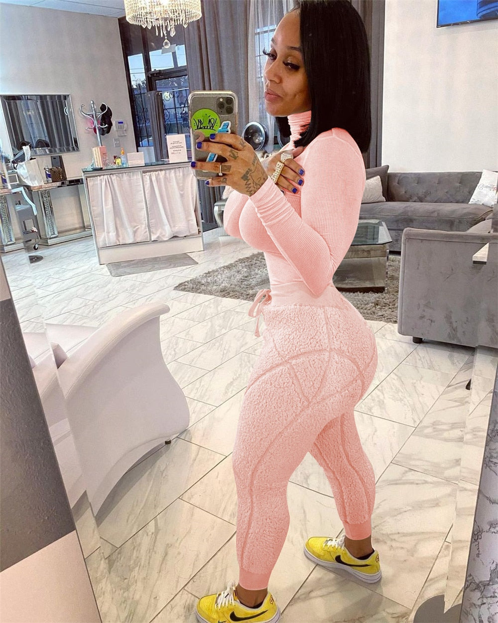 Turtleneck Top And Pants Two Piece Set