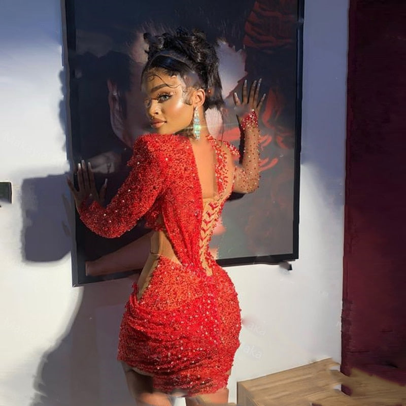 Sparkling Beads Knee Length Red Prom Dress