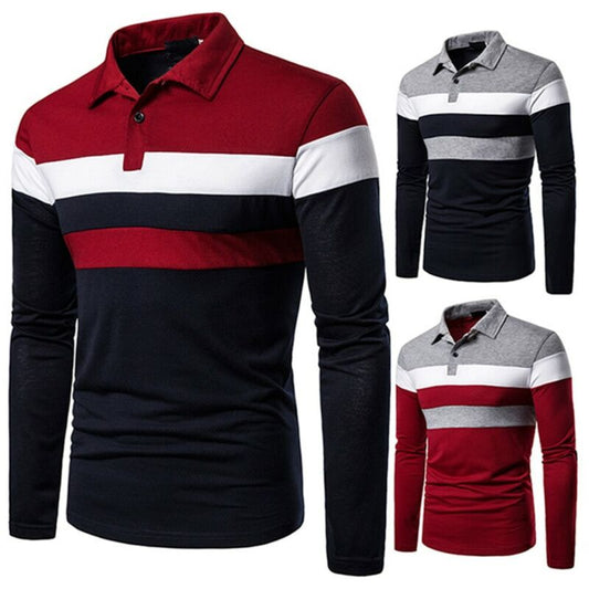 Color Striped Long Sleeve Stretch Slim Basic Polo Top