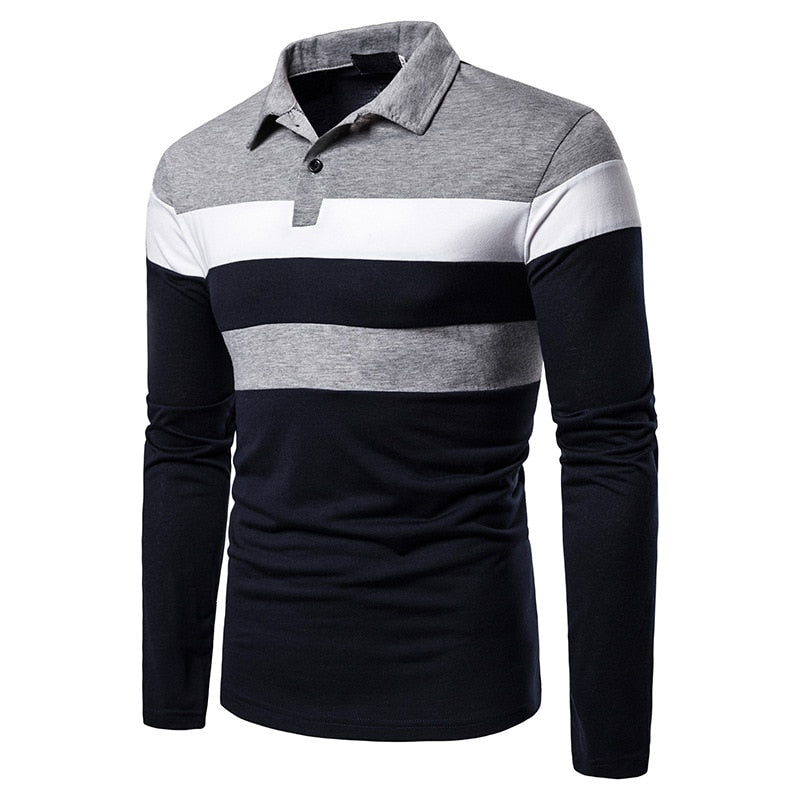 Color Striped Long Sleeve Stretch Slim Basic Polo Top