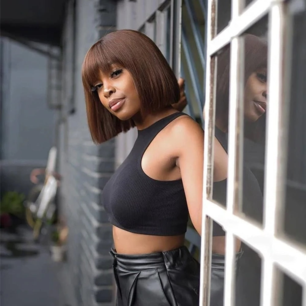 Straight Short With Bangs Brazilian Brown Human Hair Wig