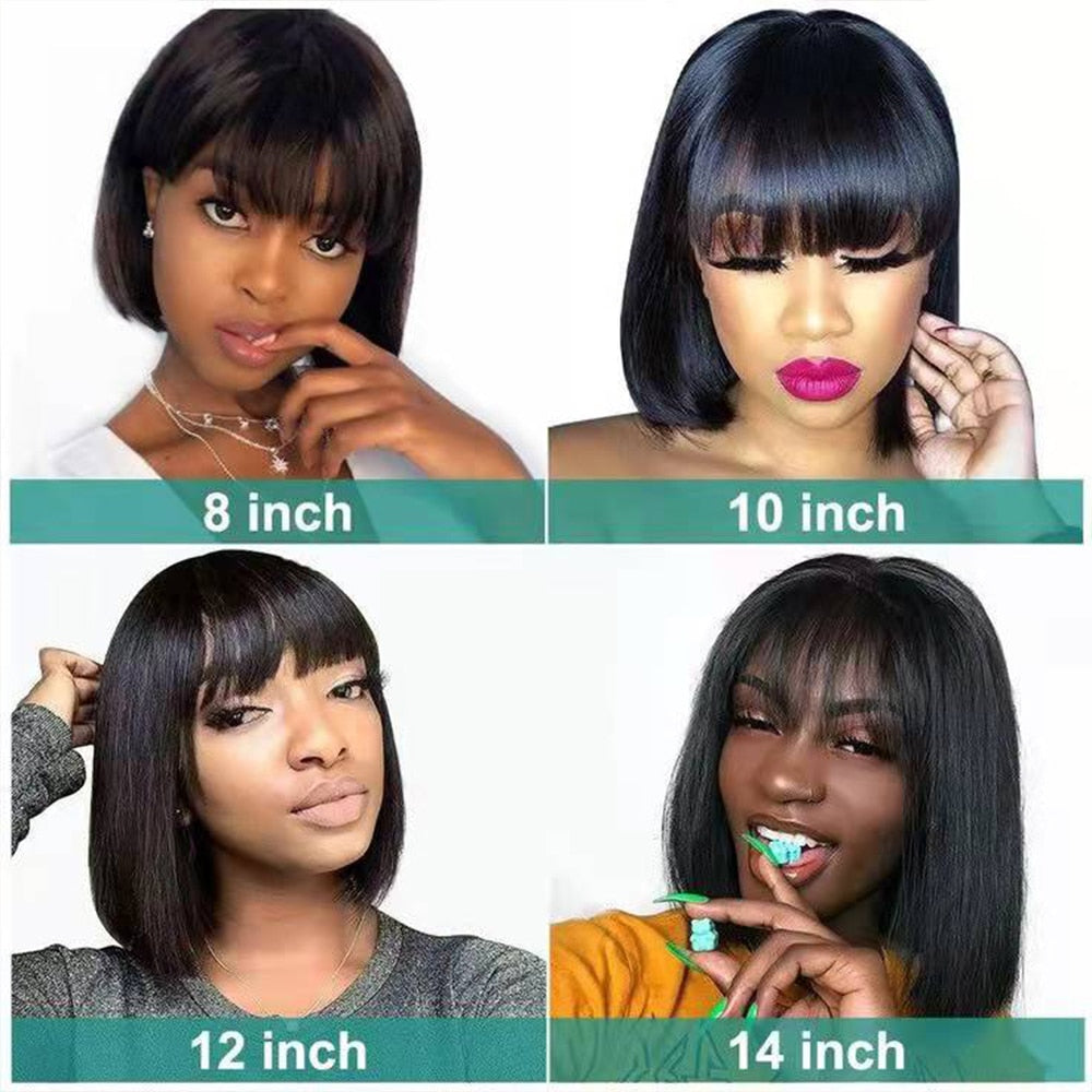 Straight Short With Bangs Brazilian Brown Human Hair Wig