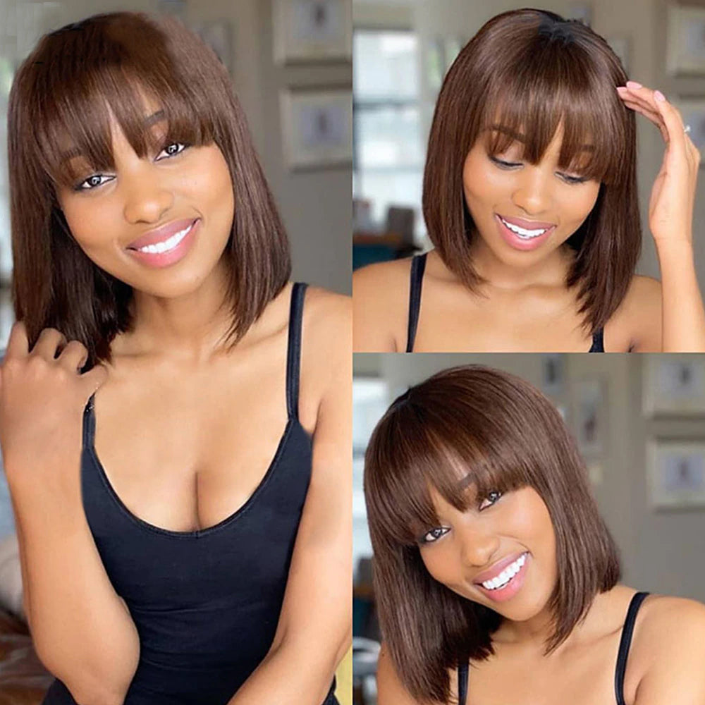 Straight Short With Bangs Brazilian Brown Human Hair Wig