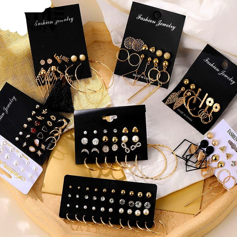 Gold Color Geometric Round Earrings Set For Women