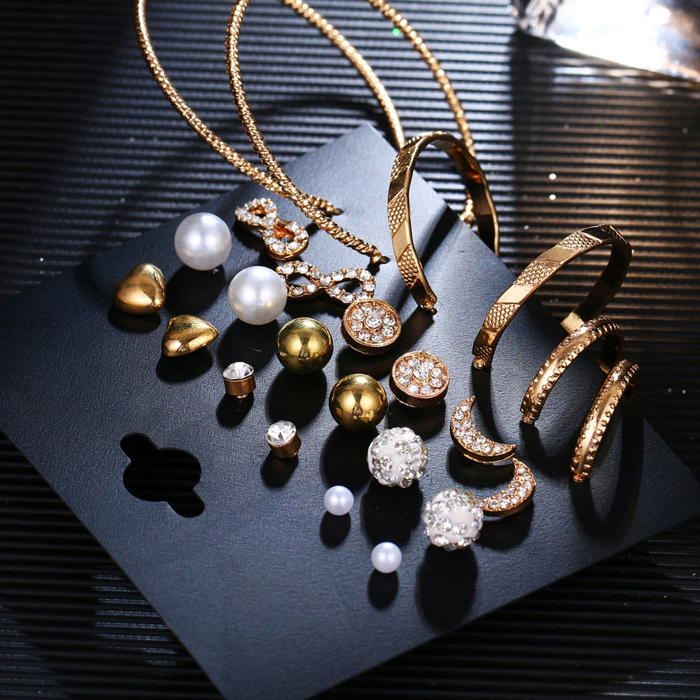 Gold Color Geometric Round Earrings Set For Women