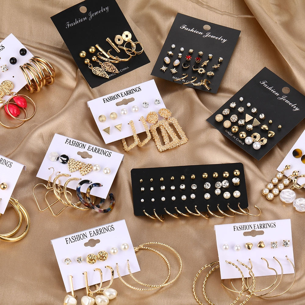 Gold Color Geometric Round Earrings Set For Women