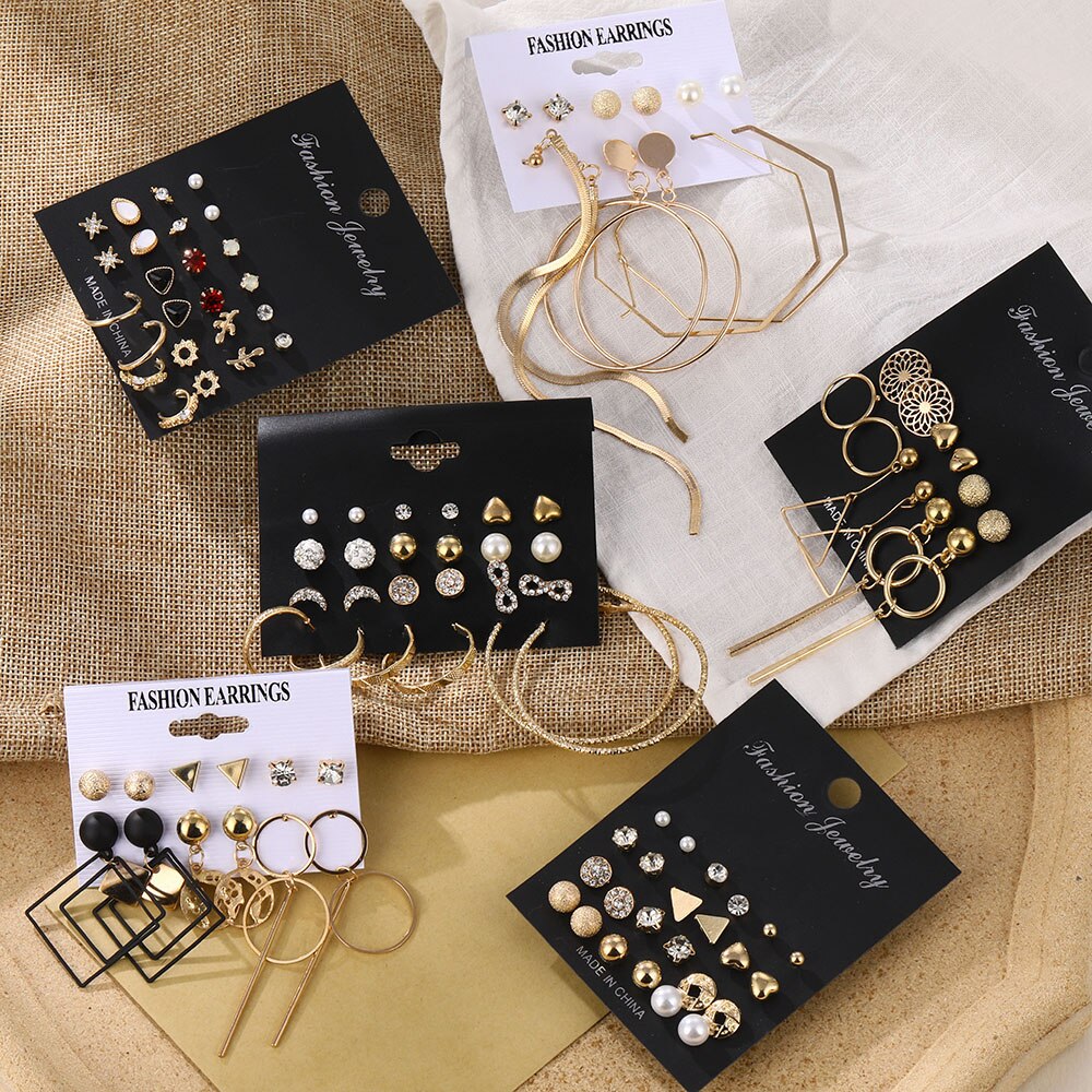 Gold Color Geometric Round Earrings Set For Women