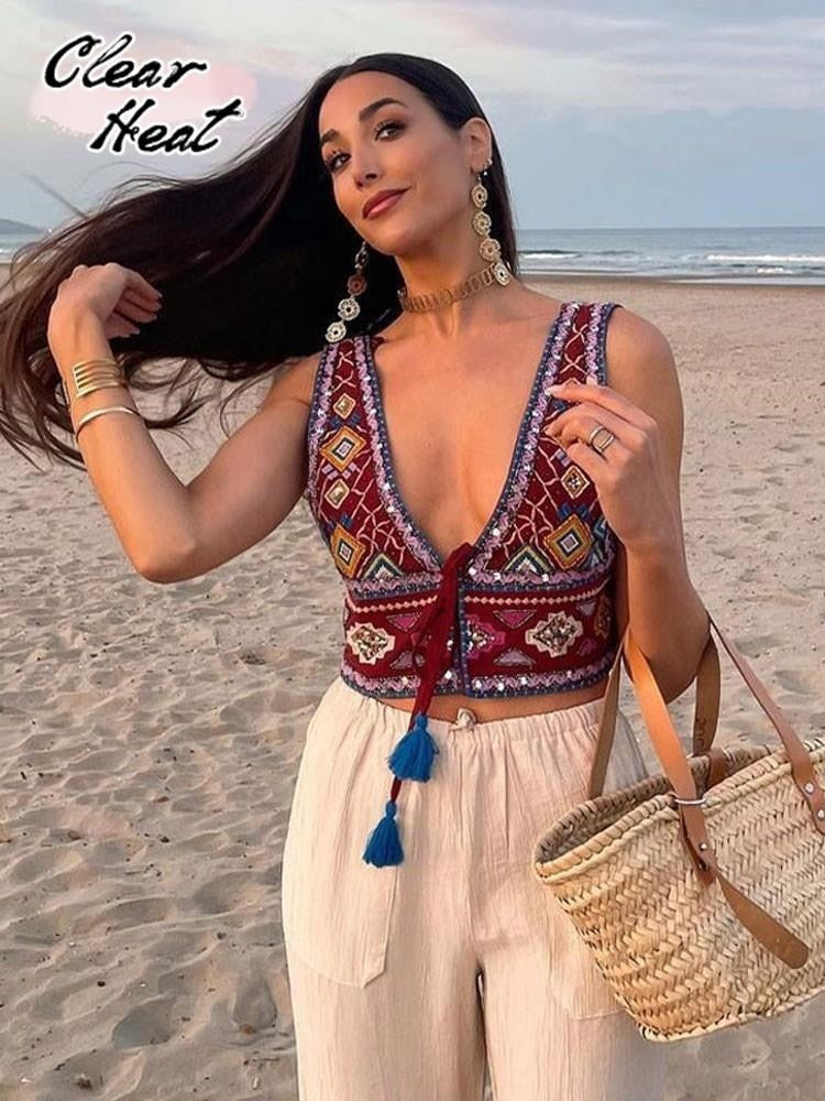 Vintage Embroidery Tassel Lace Up Vest For Women