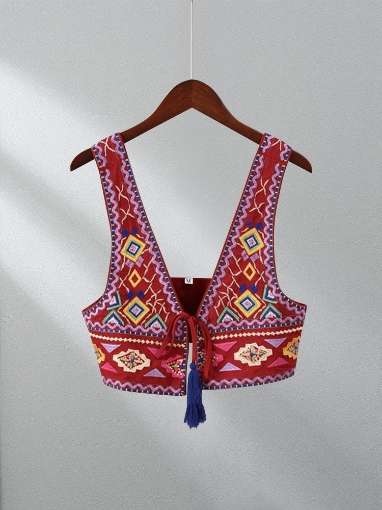 Vintage Embroidery Tassel Lace Up Vest For Women